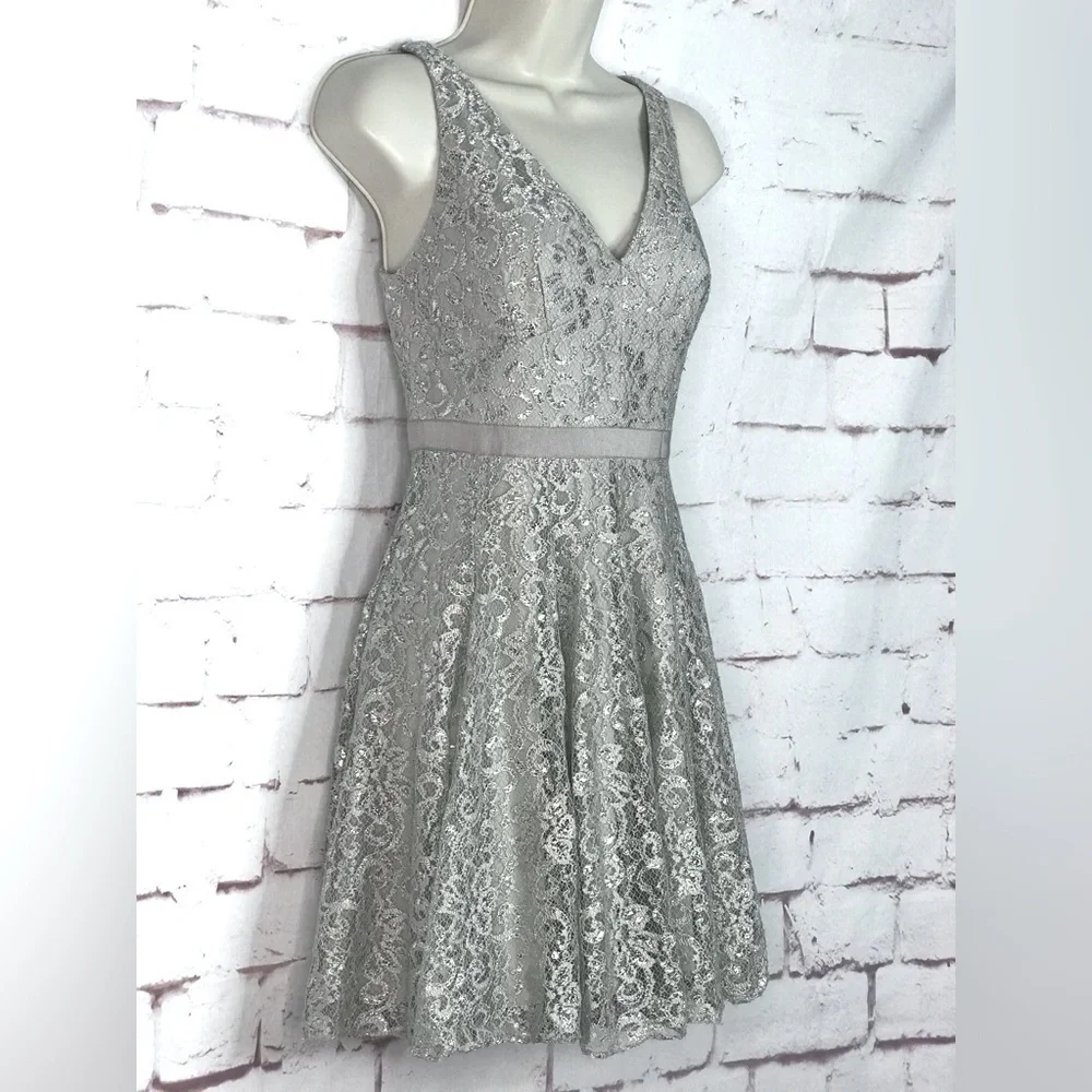 ADRIANNA PAPELL Silver Lace Overlay Fit & Flare Minidress Size 4 PETITE - Picture 1 of 16